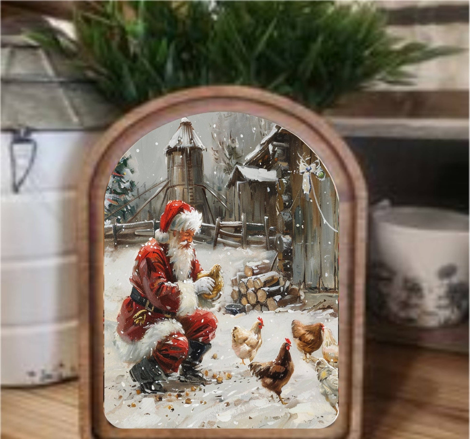 Santa With Chickens Arch, Feathered Farmhouse
