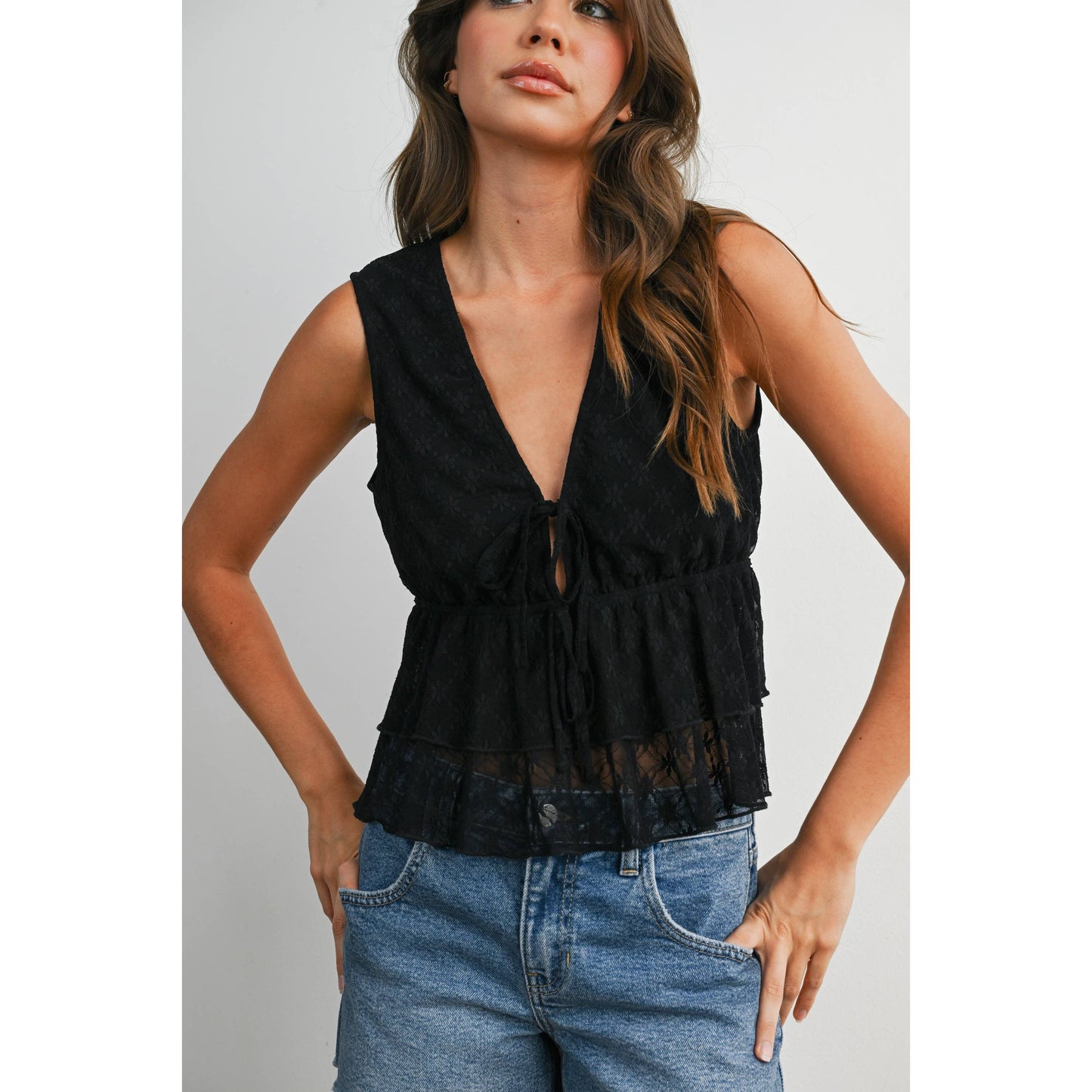 Tiered Ruffle Hem Tie-Front Tank Top, Feathered Farmhouse