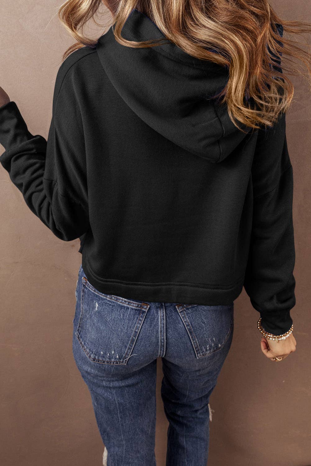 Solid Drop Shoulder Cropped Hoodie, Feathered Farmhouse