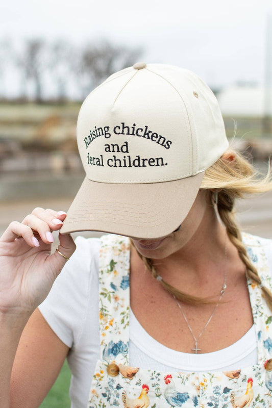 'Raising Chickens and Feral Children.' Embroidered Trucker Hat, Feathered Farmhouse