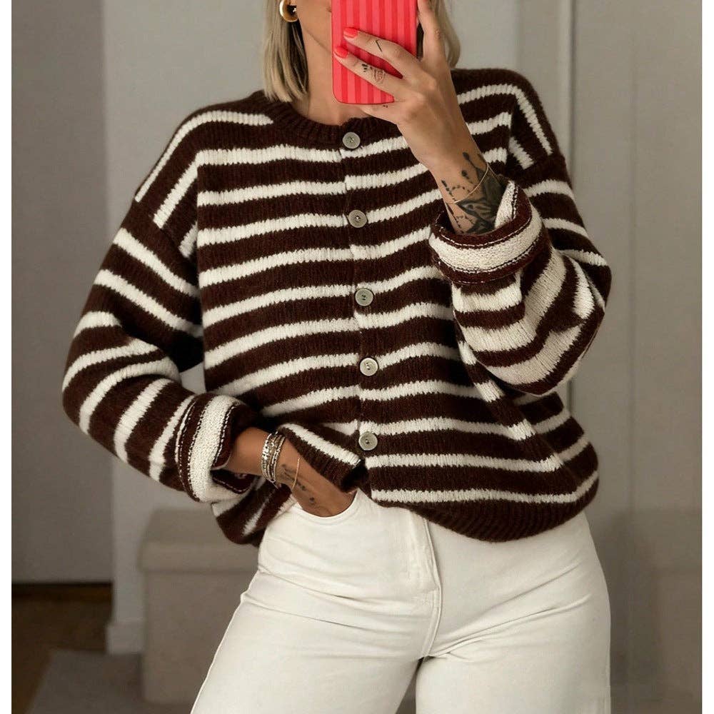 Striped Button Front Oversized Knit Cardigan, Feathered Farmhouse