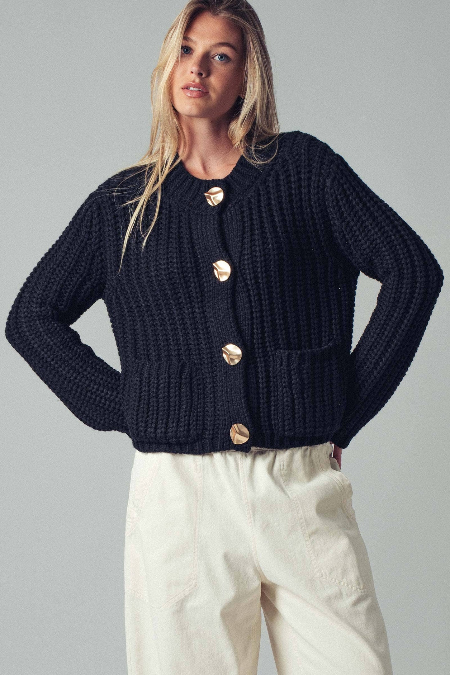 Black Chunky Gold Button Ribbed Knit Cardigan, Feathered Farmhouse