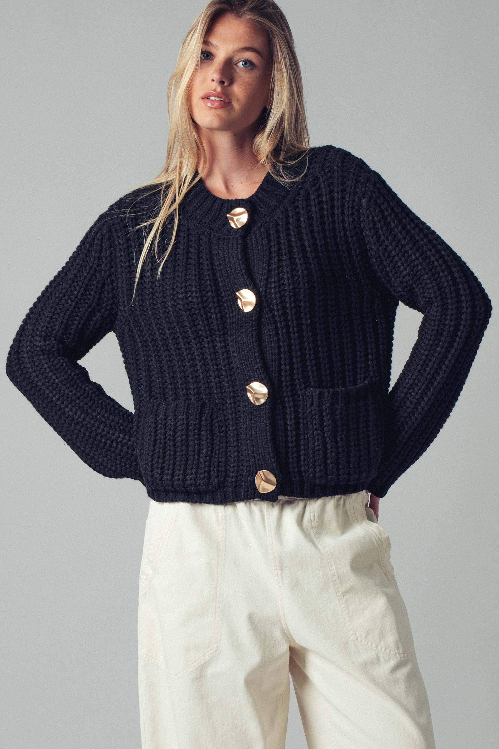 Black Chunky Gold Button Ribbed Knit Cardigan, Feathered Farmhouse