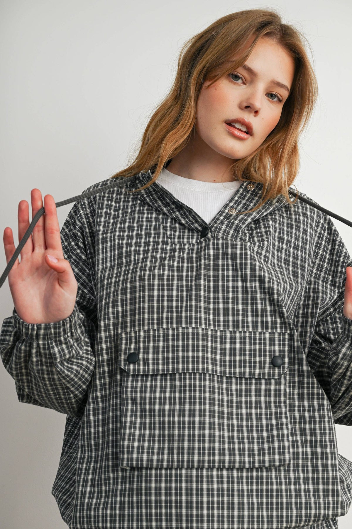 Check Hooded Anorak Top, Feathered Farmhouse