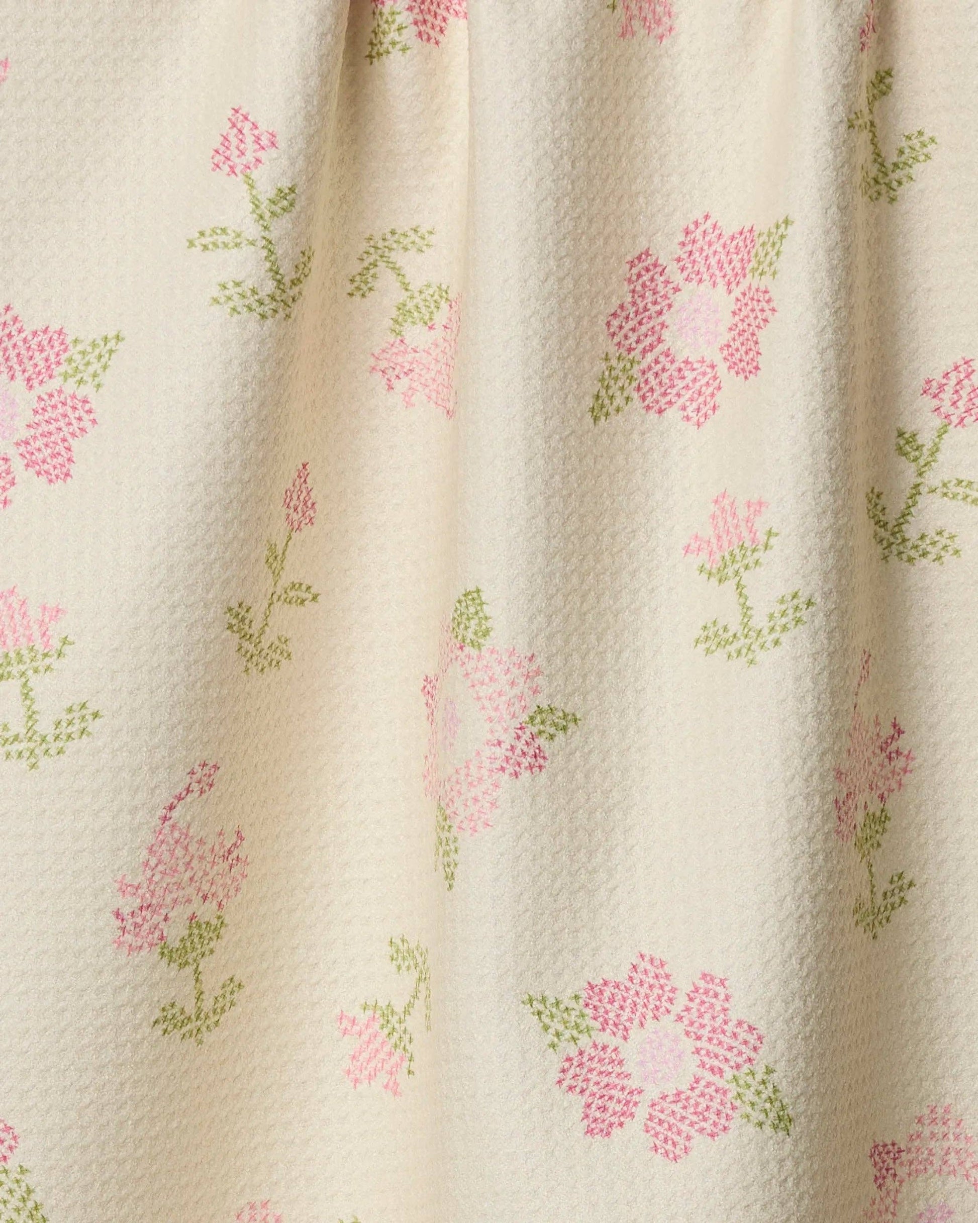 Cross Stitch Floral Yellow Tea Towel, Feathered Farmhouse