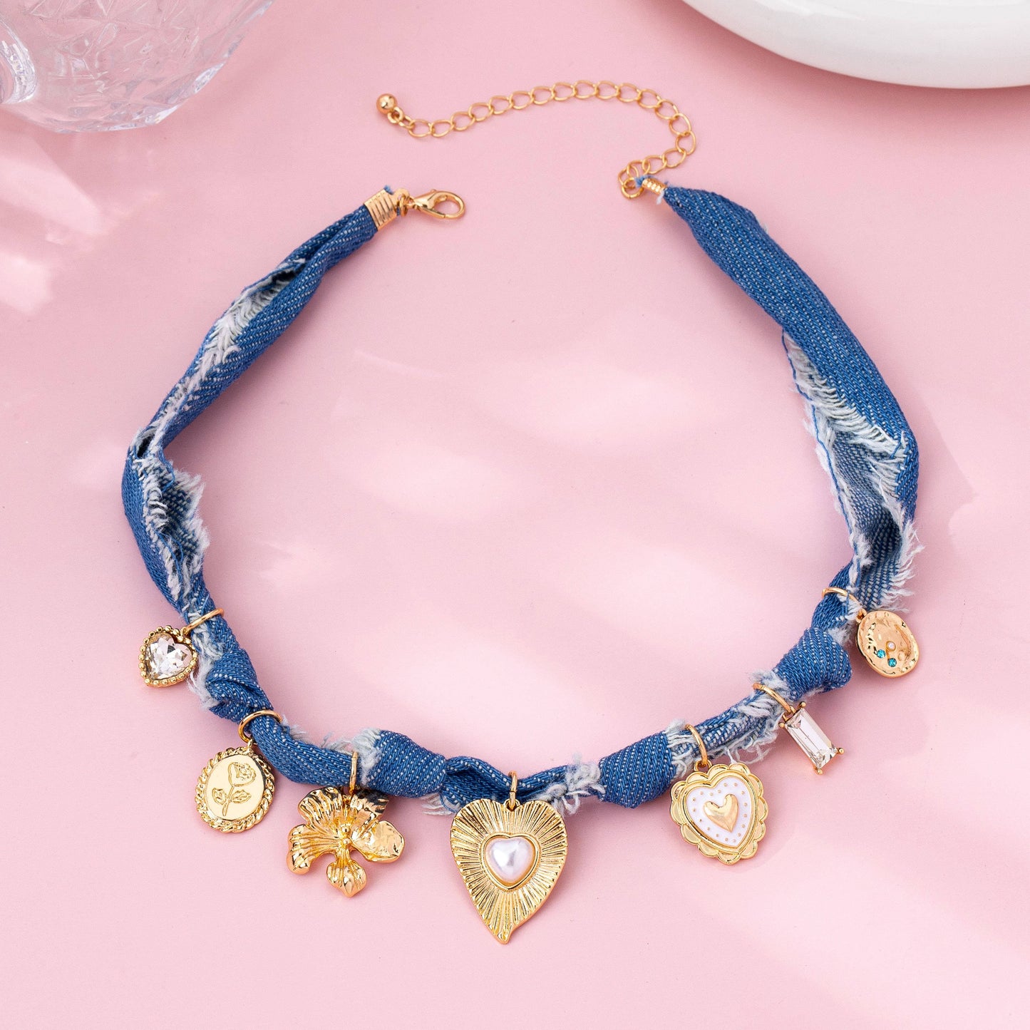 Distressed Denim Heart Floral Charm Necklace, Feathered Farmhouse