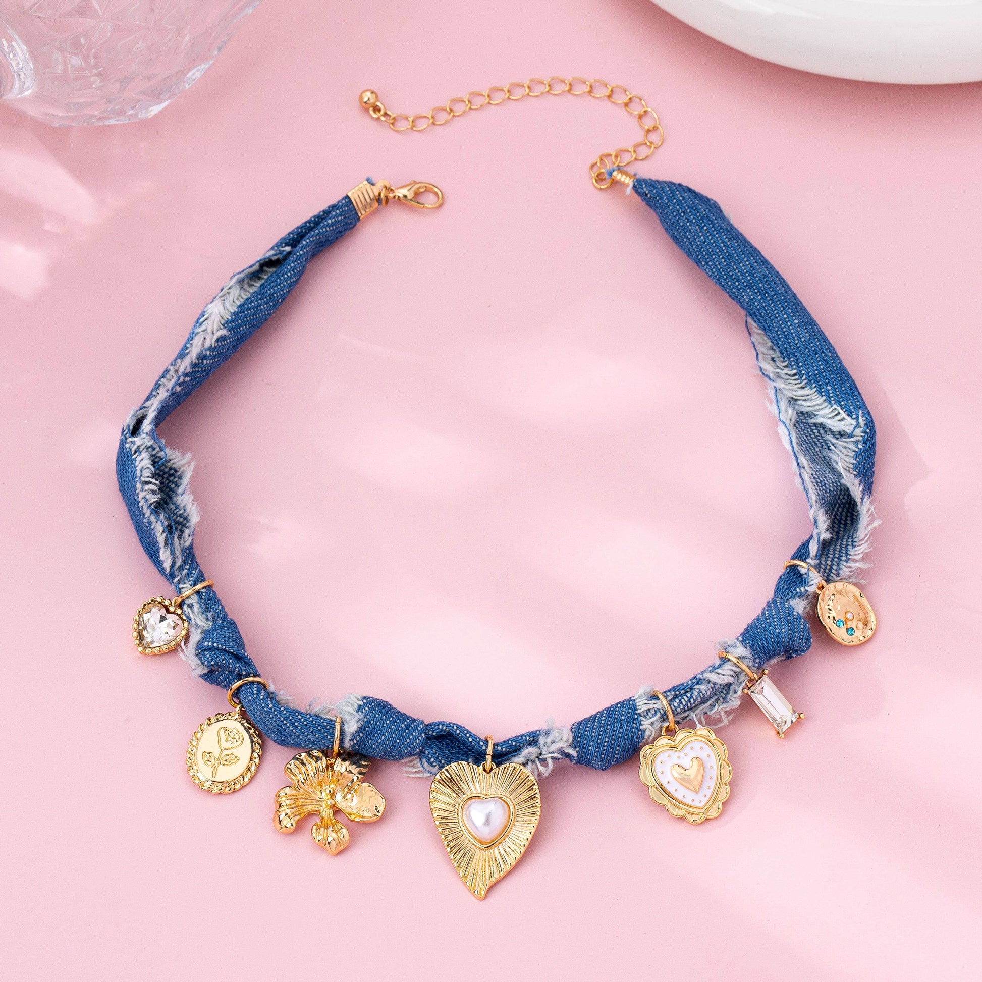 Distressed Denim Heart Floral Charm Necklace, Feathered Farmhouse