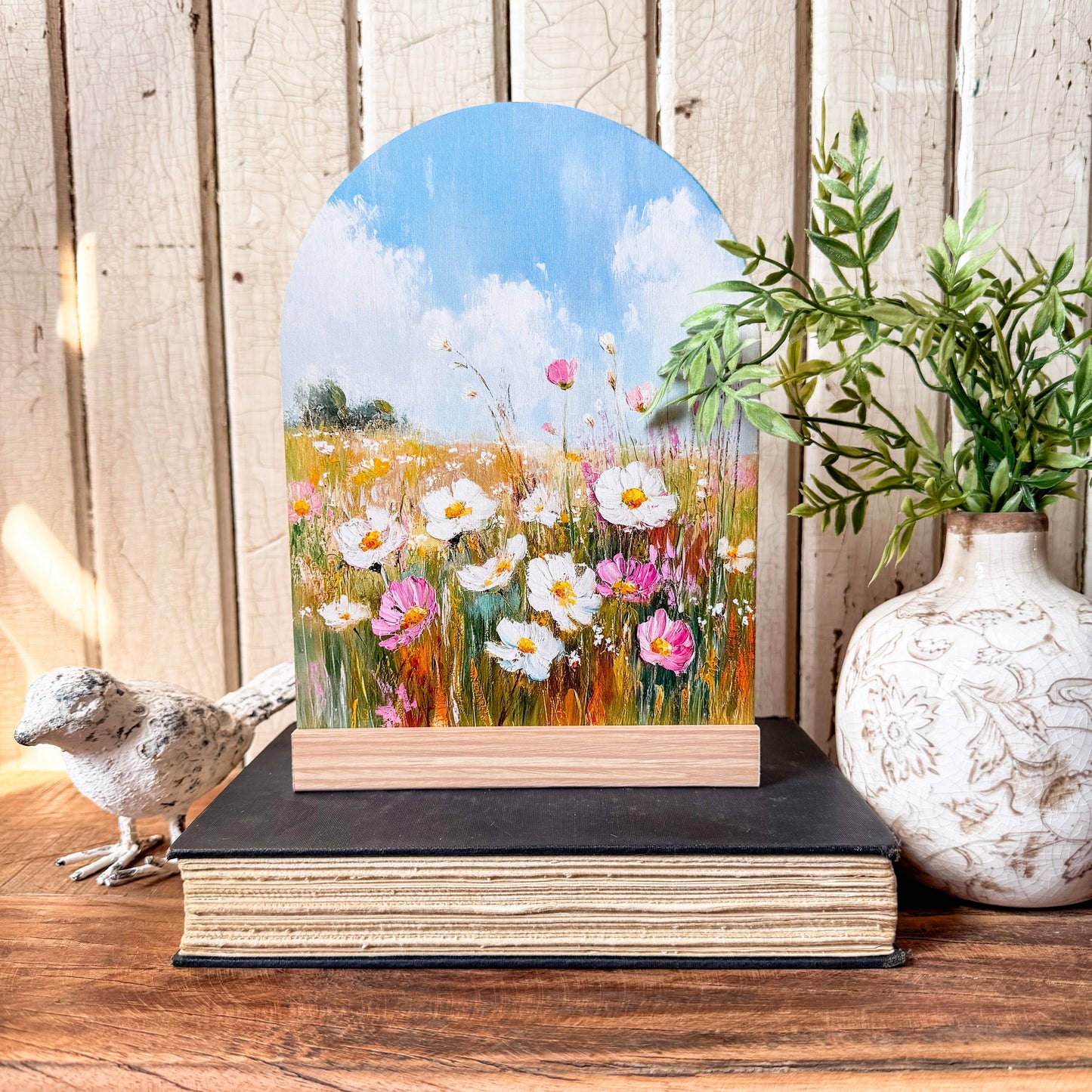 Spring Flowers Arched Wood Sign Shelf Sitter, Feathered Farmhouse