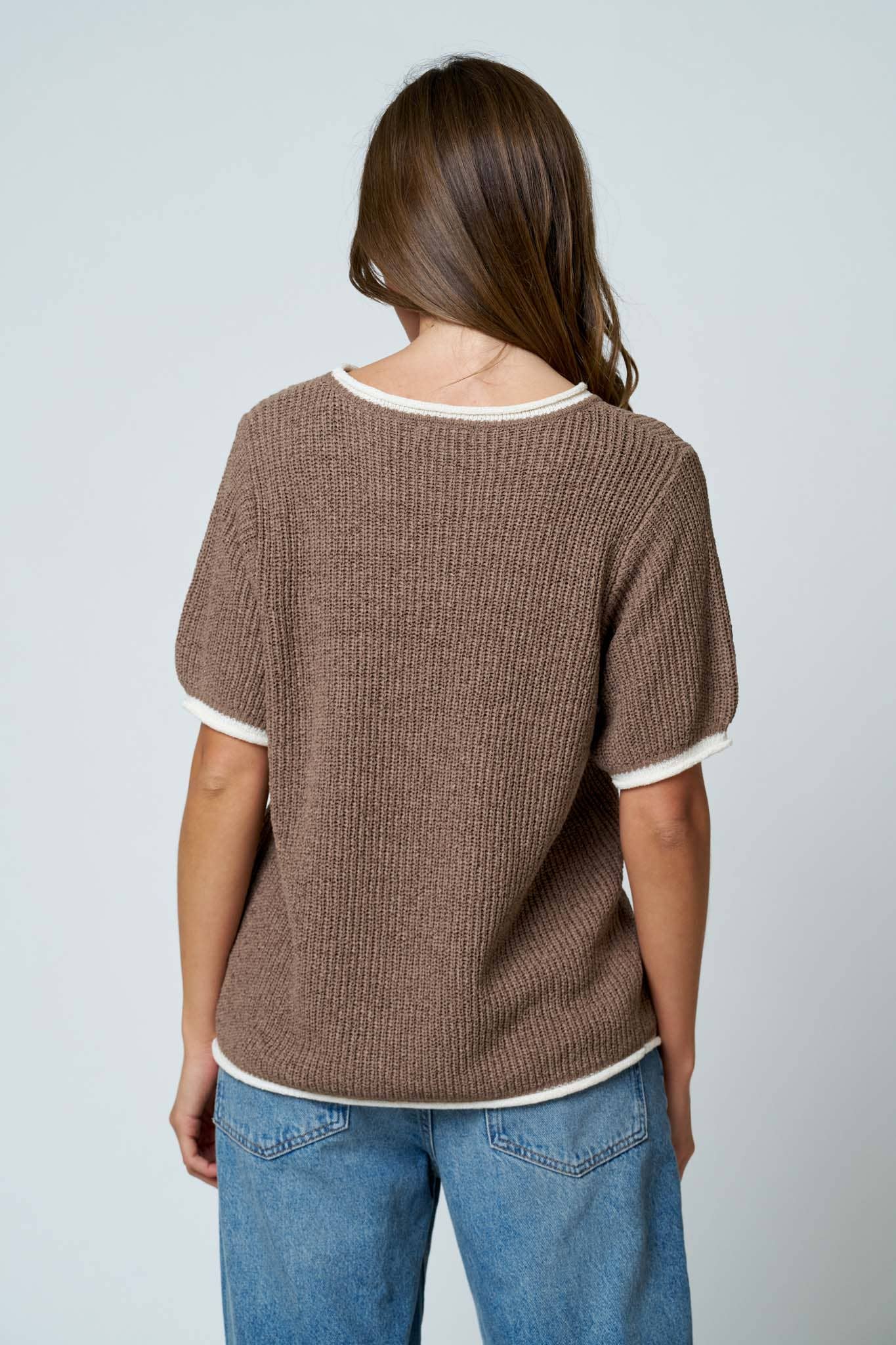 Contrast Trim Puff Sleeve Ribbed Knit Sweater, Feathered Farmhouse