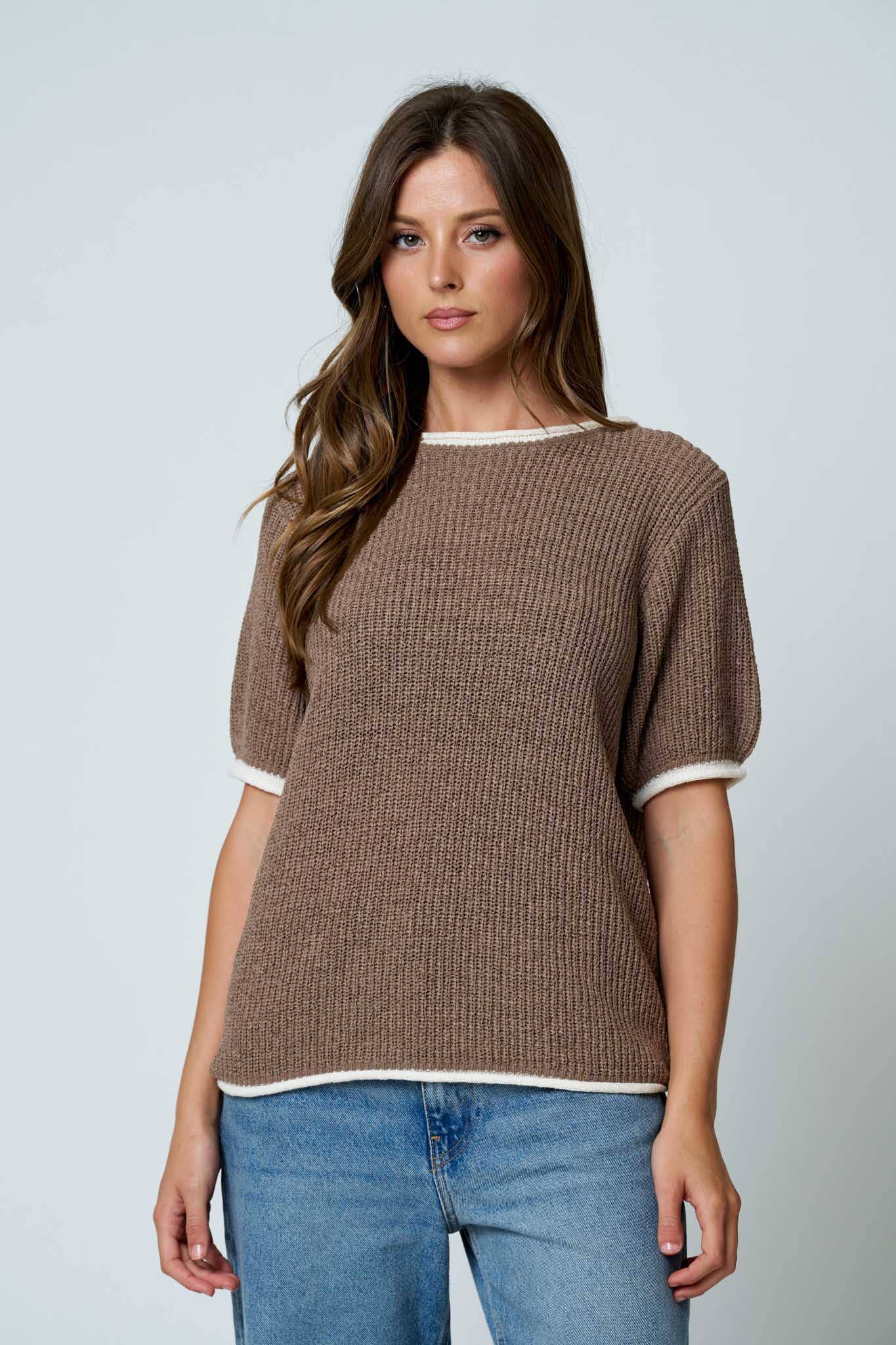 Contrast Trim Puff Sleeve Ribbed Knit Sweater, Feathered Farmhouse