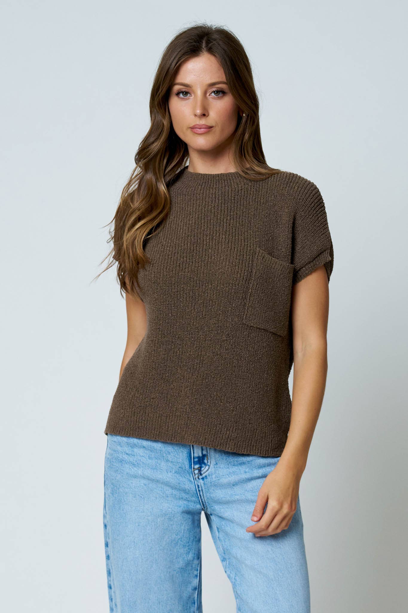 Pocket Detail Drop Shoulder Short Sleeve Sweater, Feathered Farmhouse