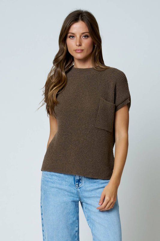 Pocket Detail Drop Shoulder Short Sleeve Sweater, Feathered Farmhouse
