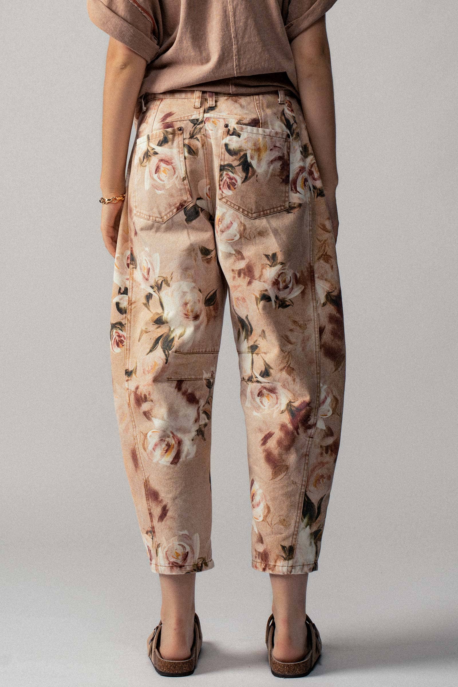 Vintage Rose Print Wide Leg Jeans, Feathered Farmhouse