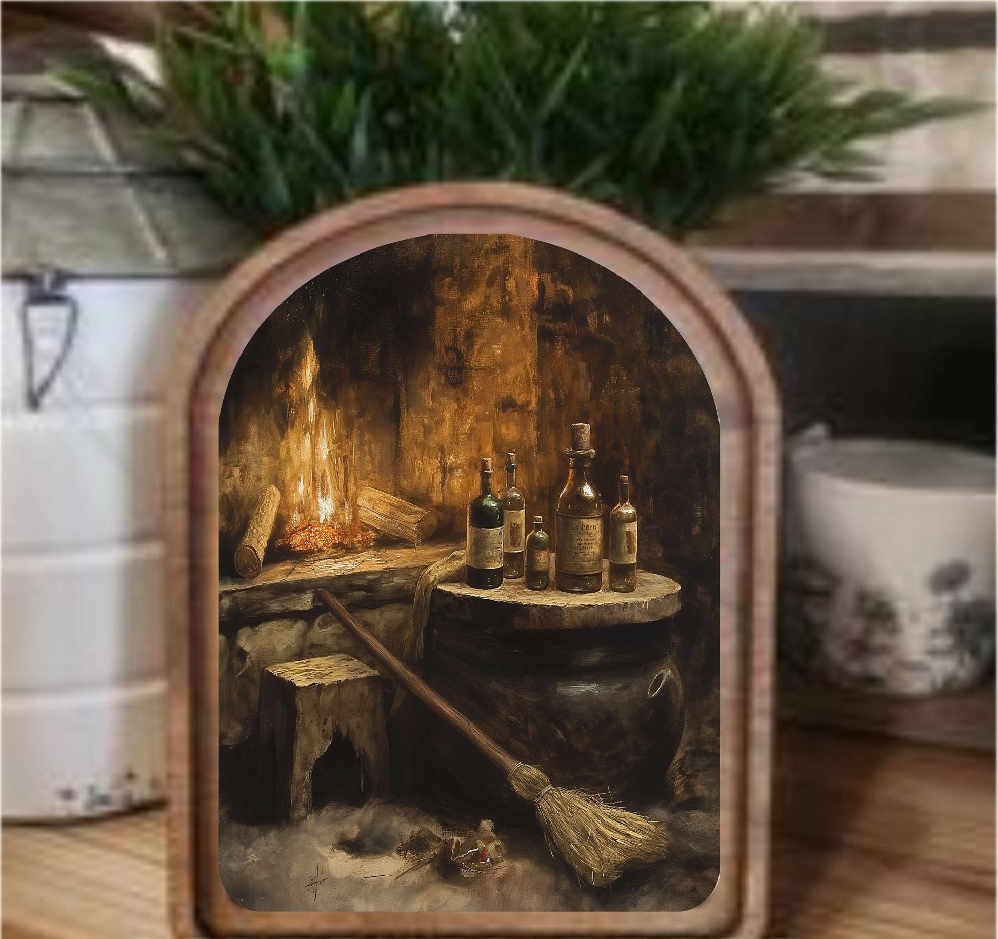 Halloween Fireplace Framed Art Arch Top, Feathered Farmhouse
