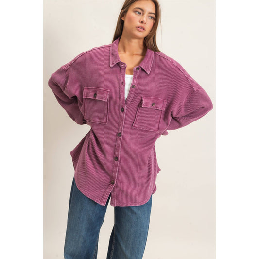 Mineral Wash Waffle Knit Button-Up Shacket, Feathered Farmhouse