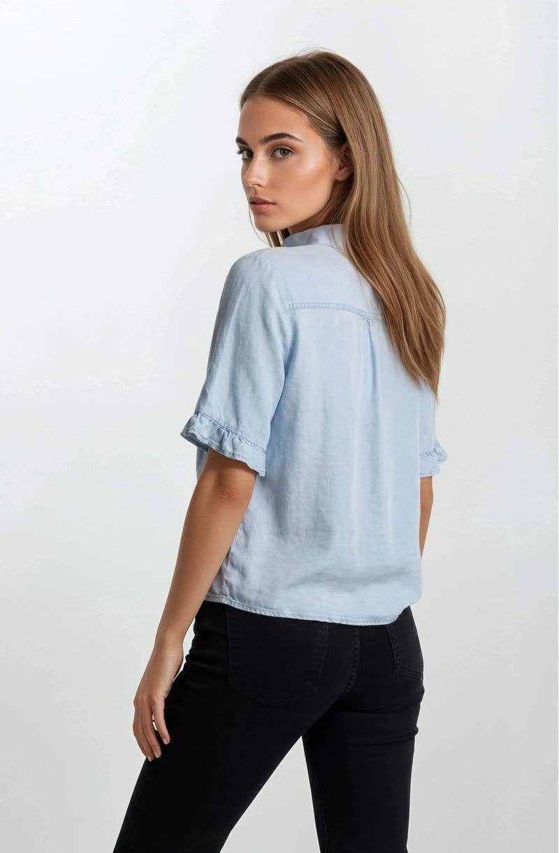 Light Wash Denim Ruffle Shirt