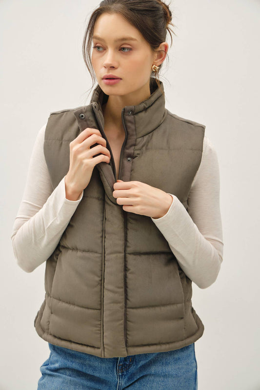 Suede Like Puffer Vest, Feathered Farmhouse