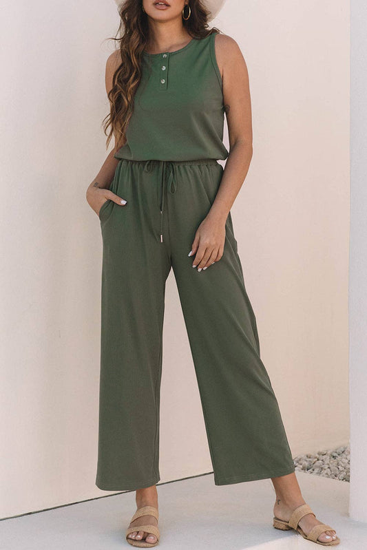 Sleeveless Wide Leg Buttoned Jumpsuit, Feathered Farmhouse