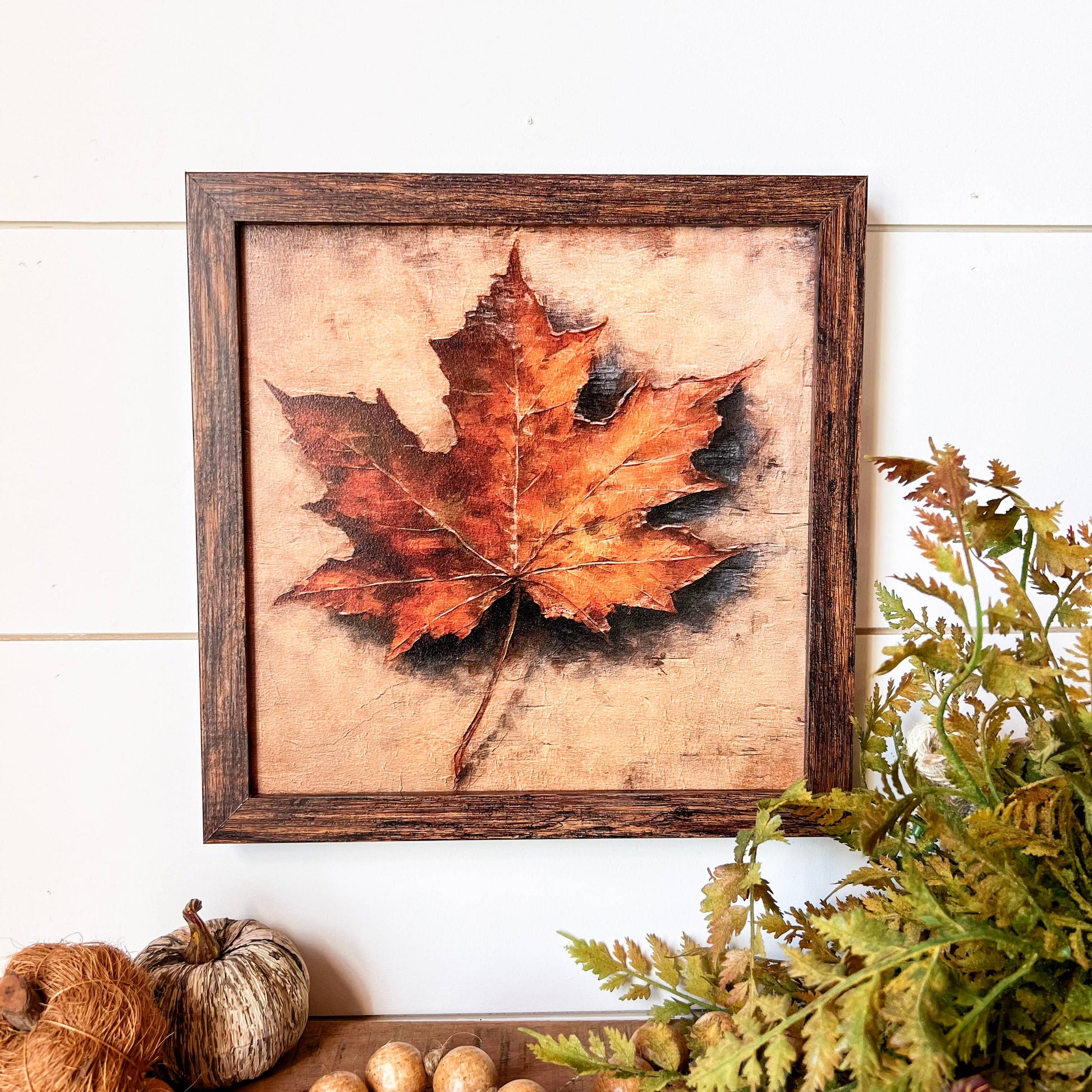 Vintage Fall Leaf Print Wood Sign, Feathered Farmhouse