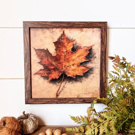 Vintage Fall Leaf Print Wood Sign, Feathered Farmhouse