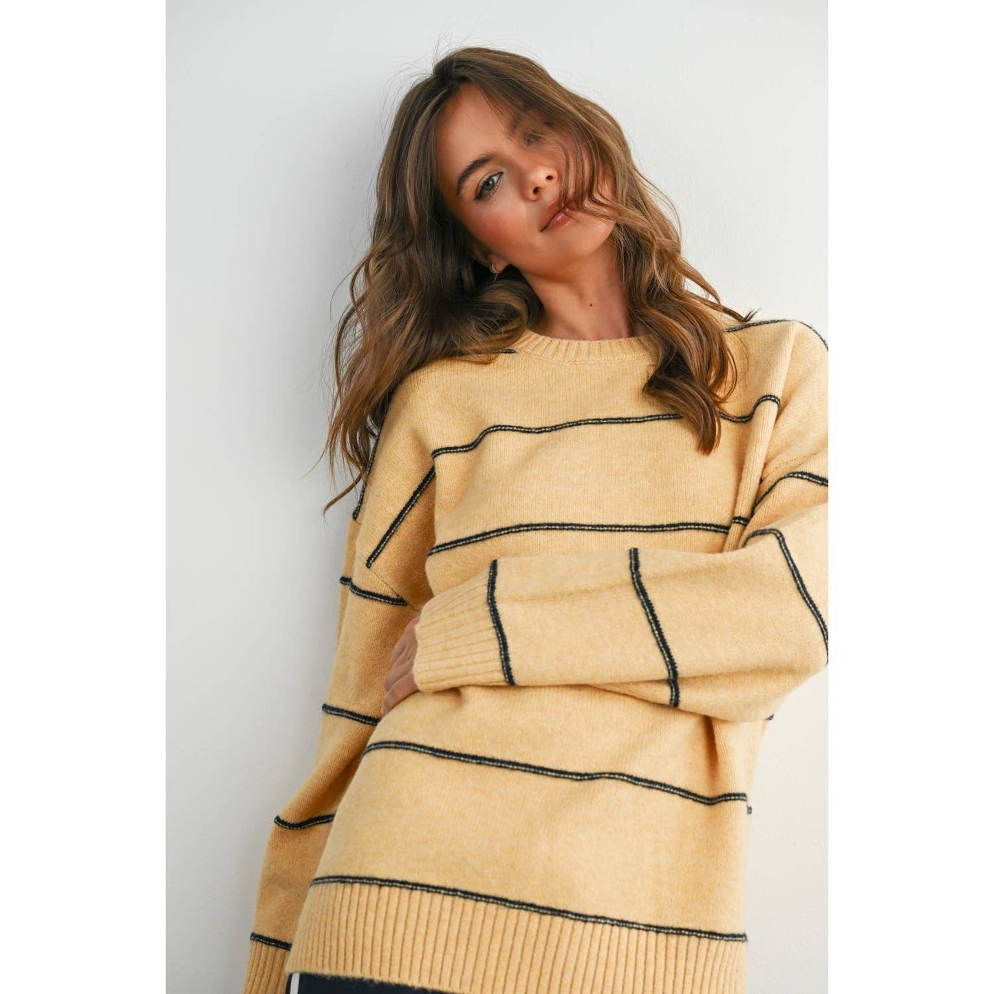 Striped Pattern Drop Shoulder Sweater, Feathered Farmhouse