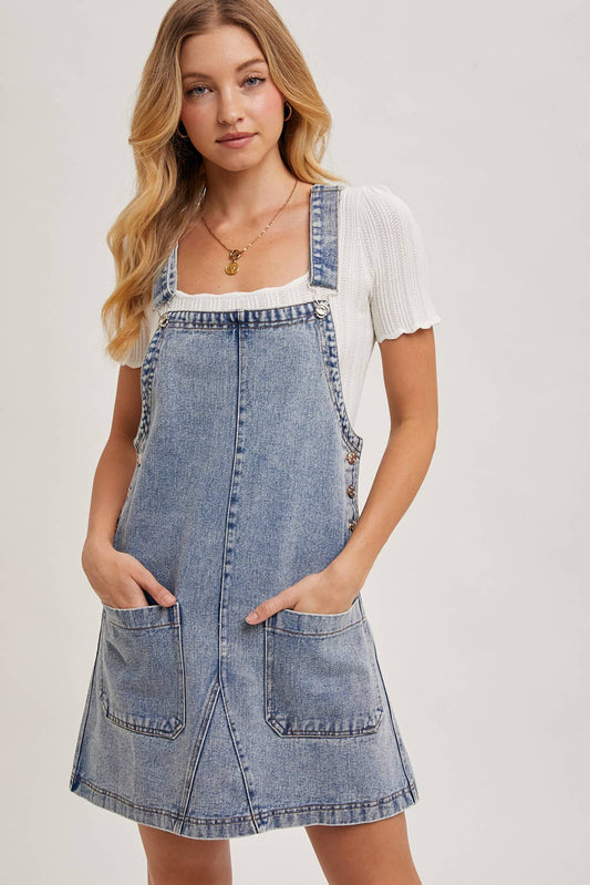 Denim Overall Mini Dress, Feathered Farmhouse