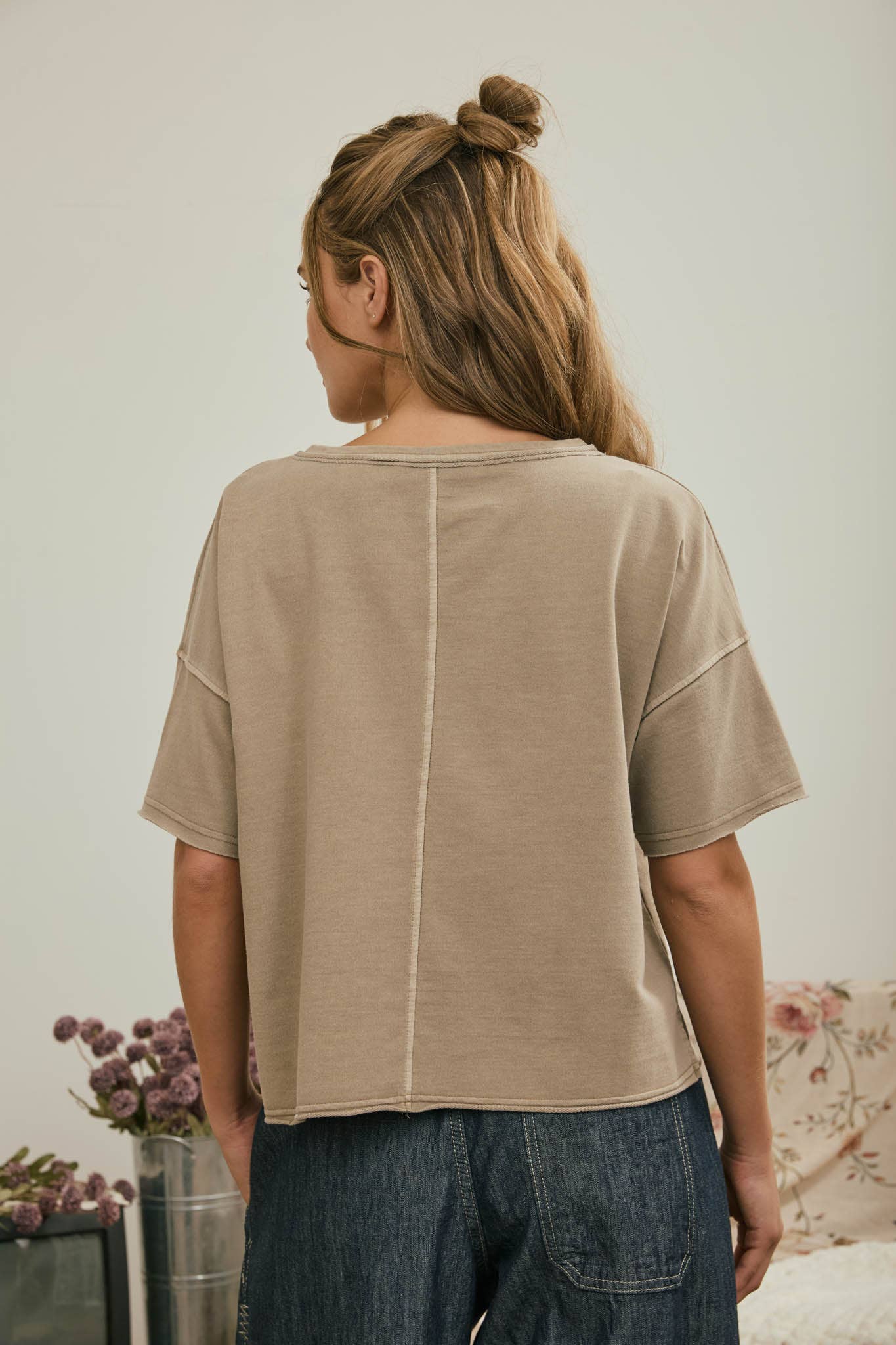 Washed Split Neck Raw Edge Short Sleeve Knit Top, Feathered Farmhouse