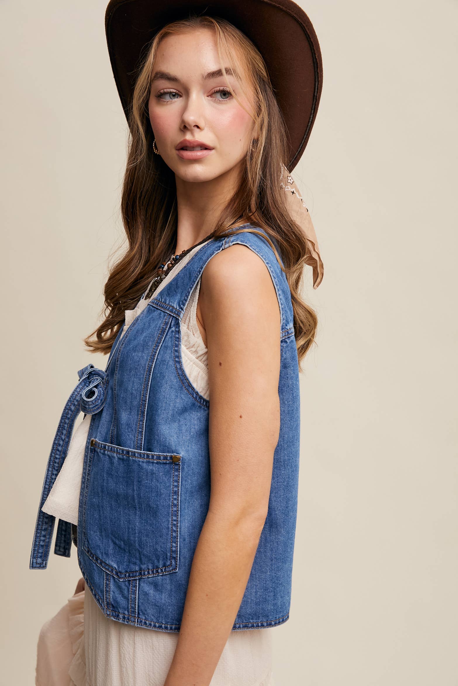 Denim Tie-Front Vest, Feathered Farmhouse