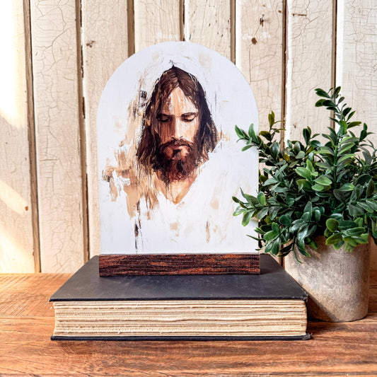 Jesus Face Arched Wood Sign Shelf Sitter, Feathered Farmhouse