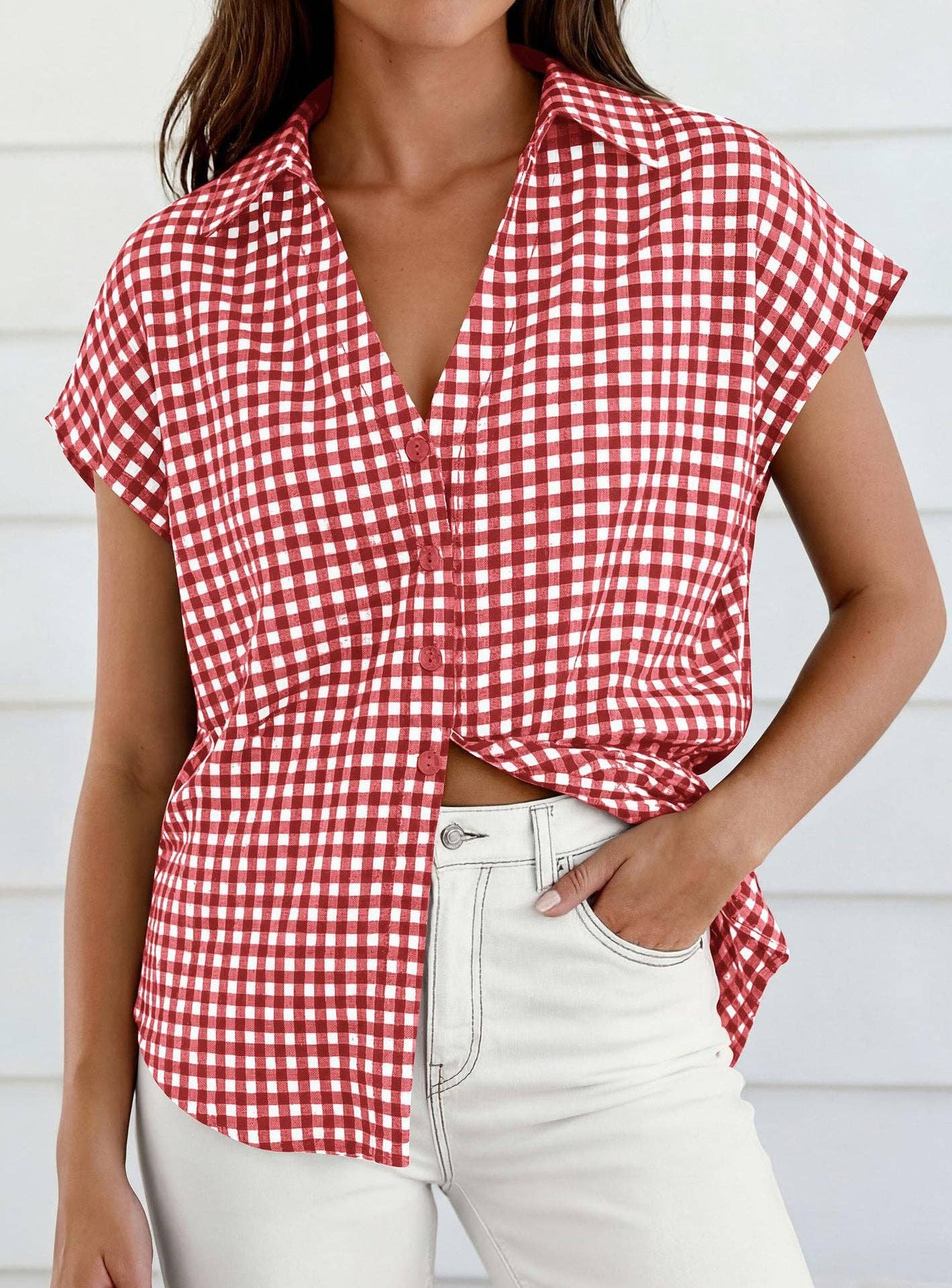 Gingham Button Down Blouse, Feathered Farmhouse