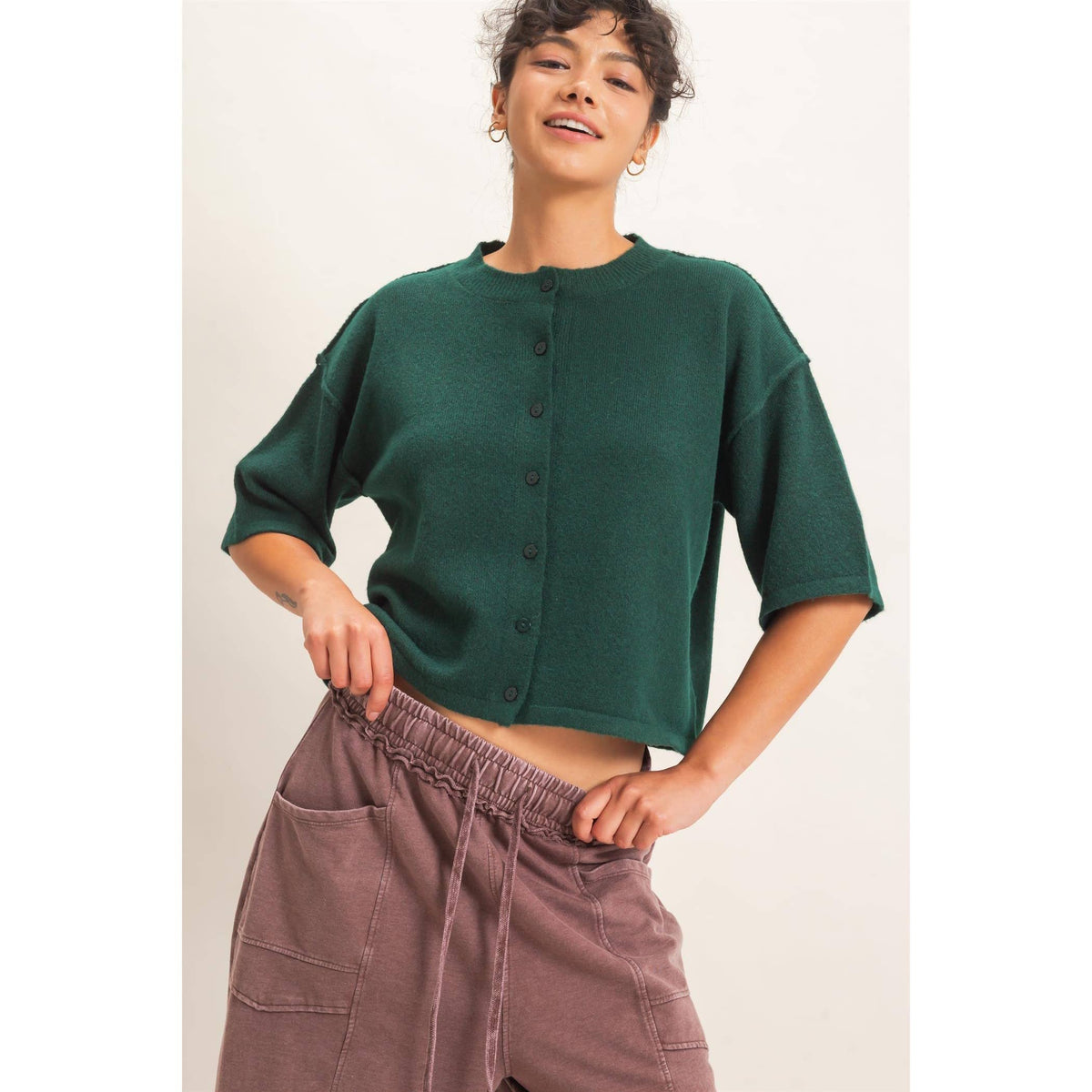Dark Green Drop Shoulder Short Sleeve Cardigan, Feathered Farmhouse