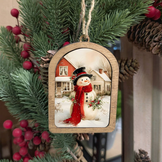 Canvas Arch Ornament Cozy Christmas Snowman, Feathered Farmhouse