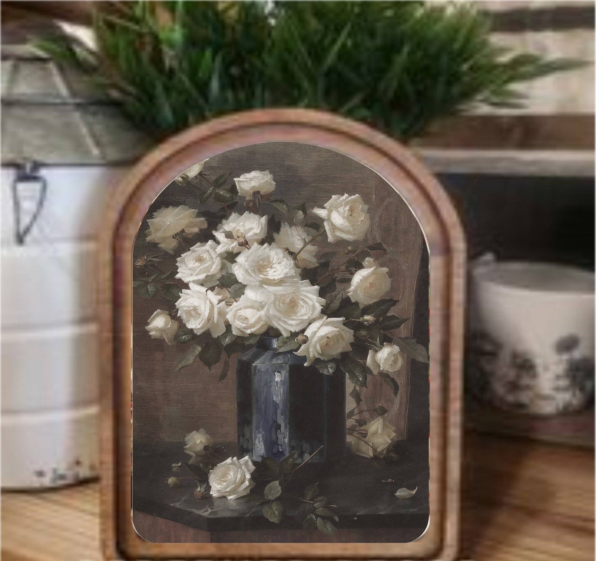 Moody Roses Framed Arch Top, Feathered Farmhouse