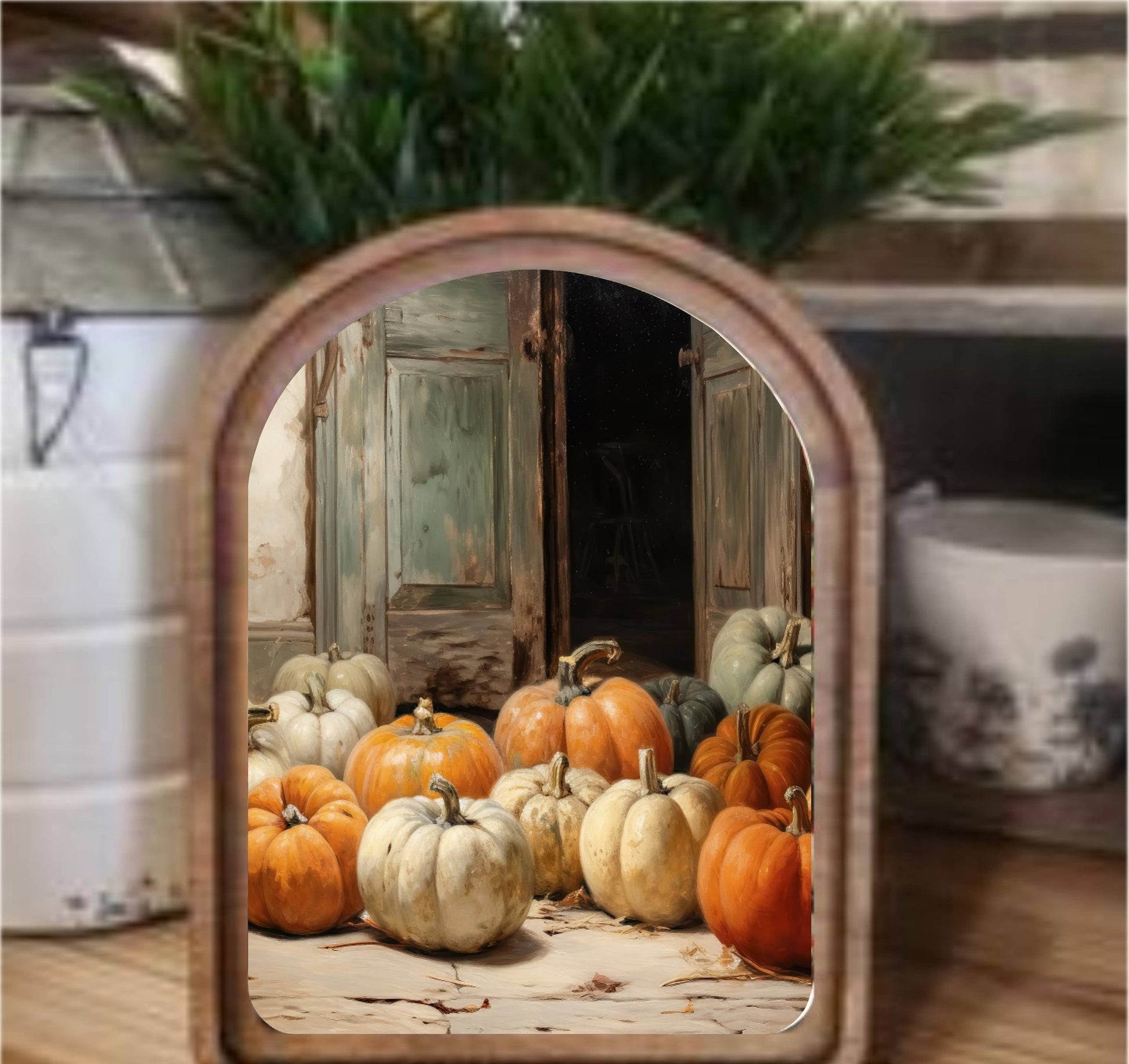 Pumpkin Door Framed Art Arch Top, Feathered Farmhouse