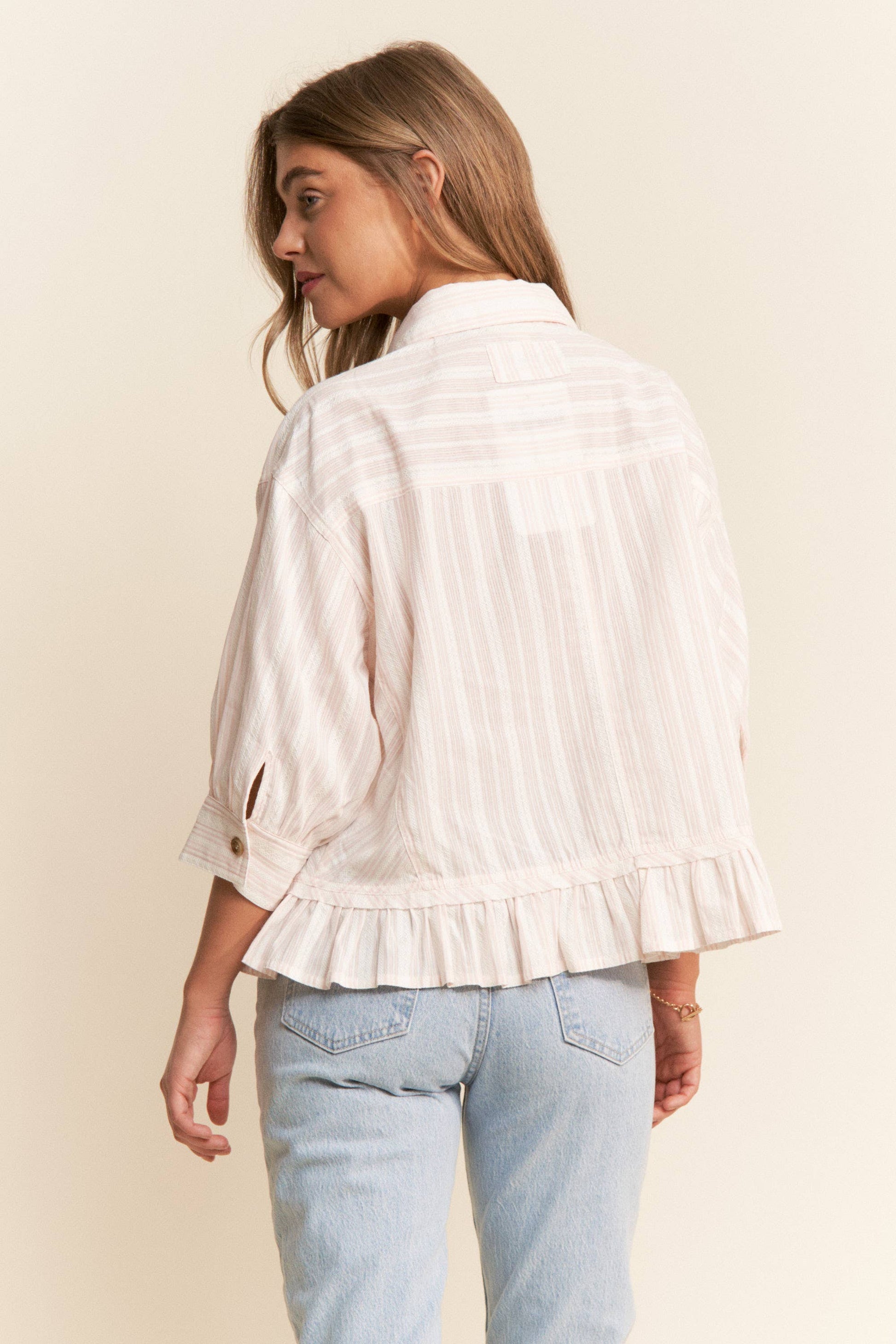Stripe Jacquard Button Up Pleated Top, Feathered Farmhouse