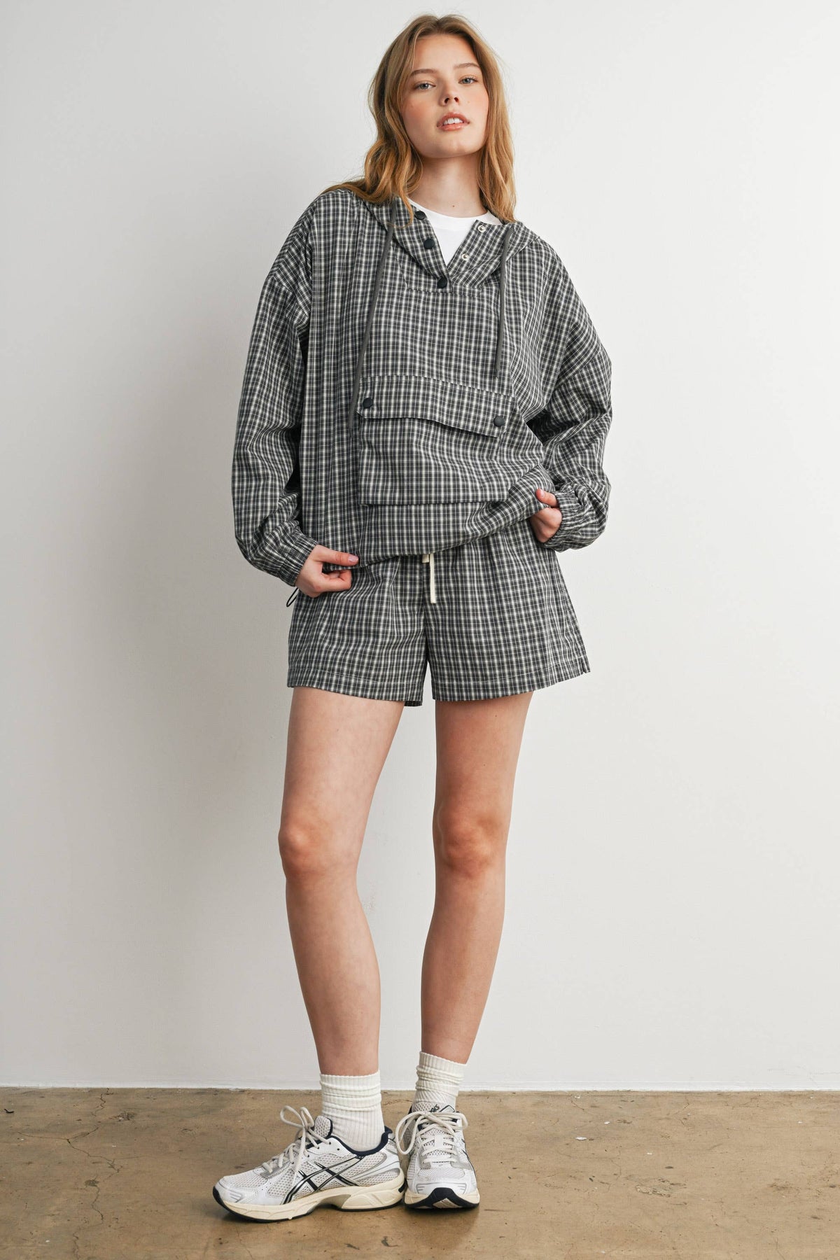 Check Hooded Anorak Top, Feathered Farmhouse