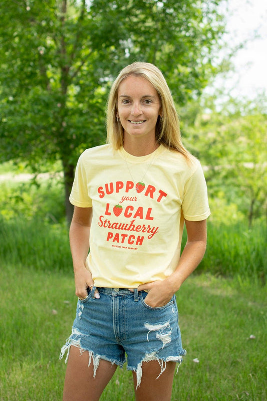Summer 'Support Your Local Strawberry Patch' Yellow Tee, Feathered Farmhouse