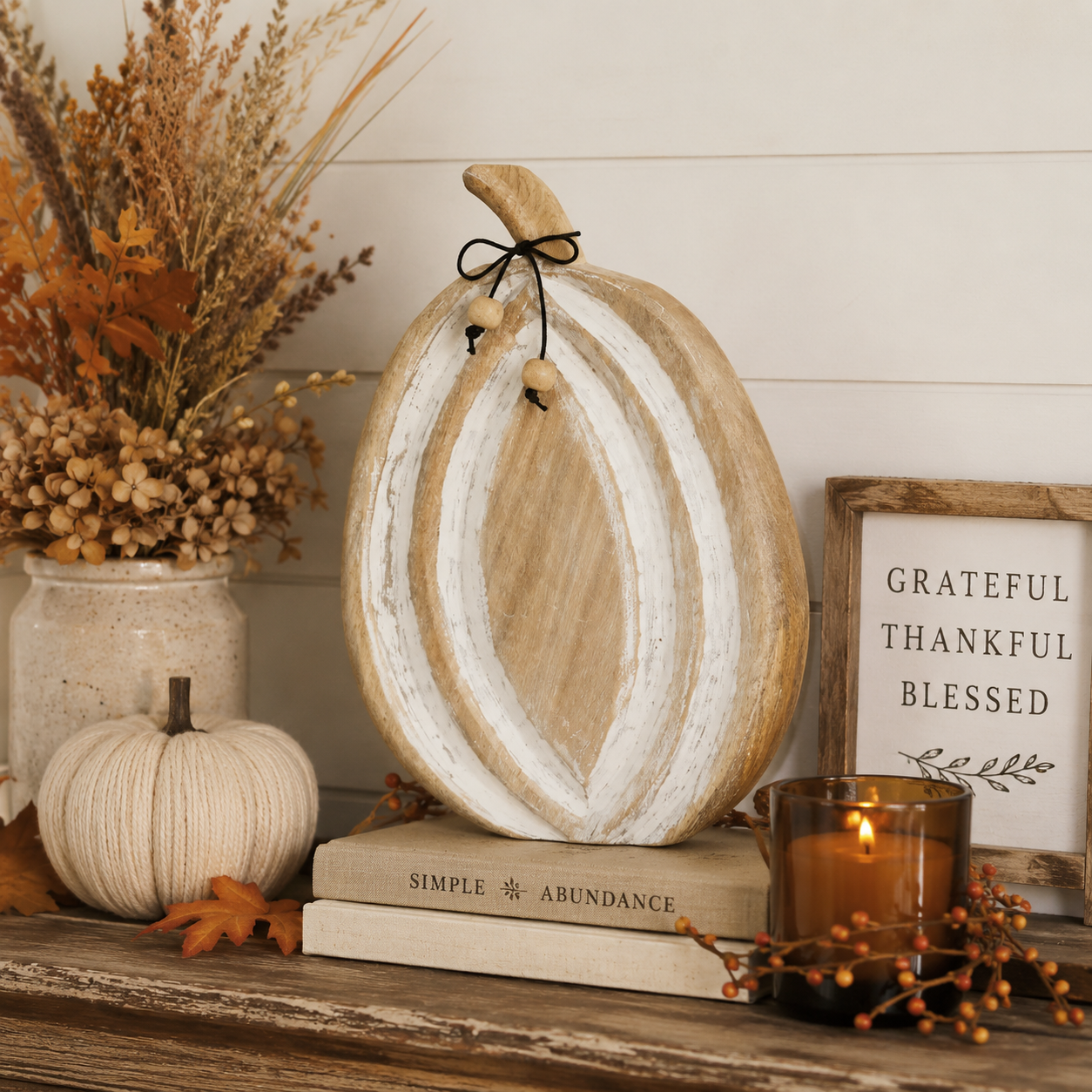 Wooden Mango Wood White Pumpkin, Feathered Farmhouse