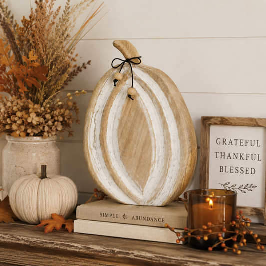 Wooden Mango Wood White Pumpkin, Feathered Farmhouse