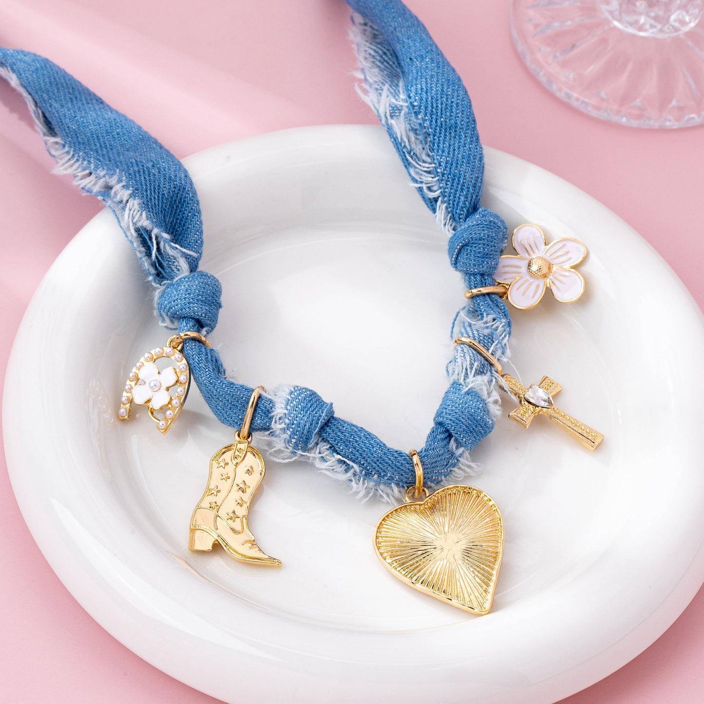 Western Denim Cowboy Boot & Cross Charm Necklace, Feathered Farmhouse