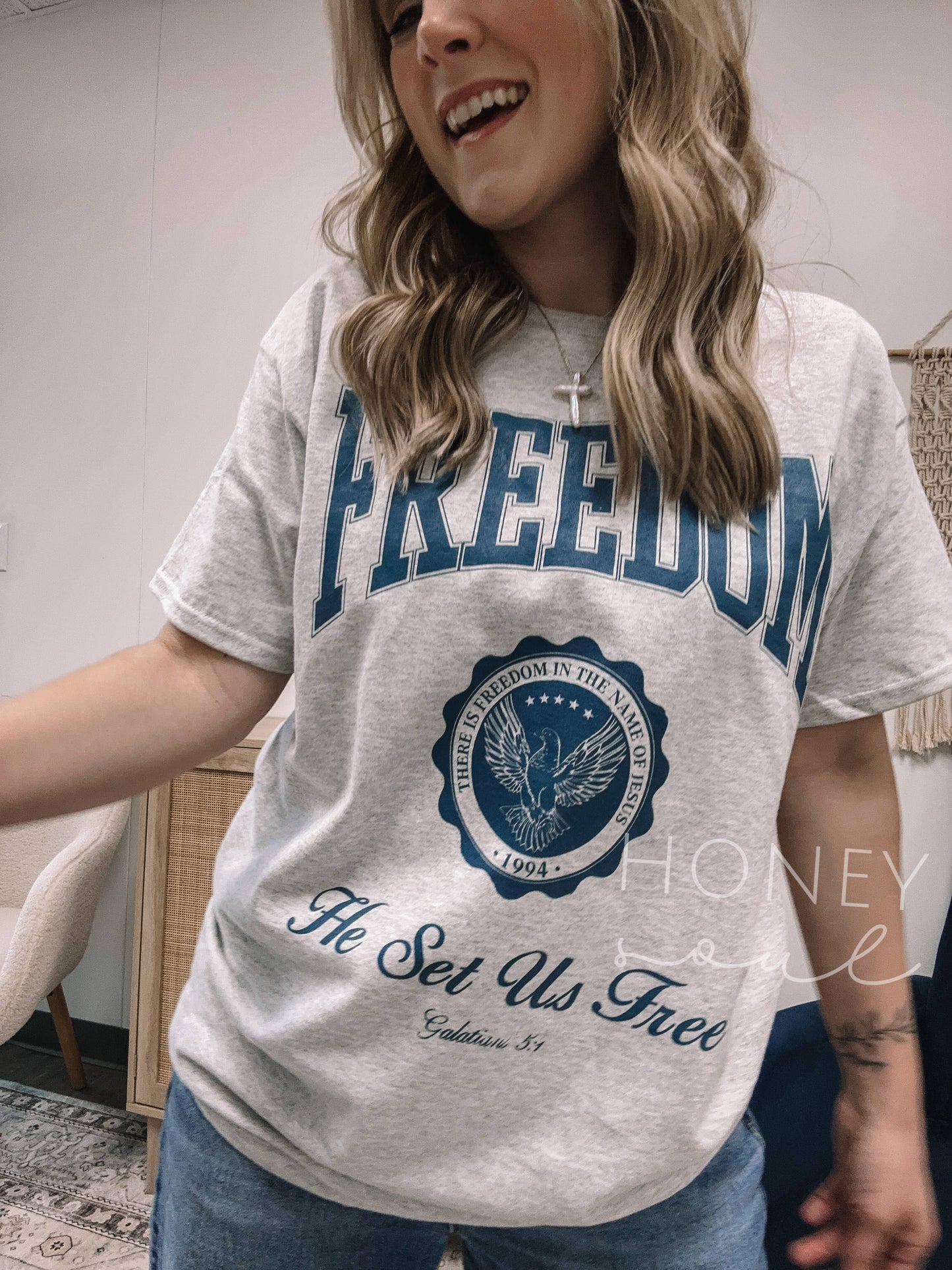 Freedom He Sets Us Free Graphic Tee, Feathered Farmhouse