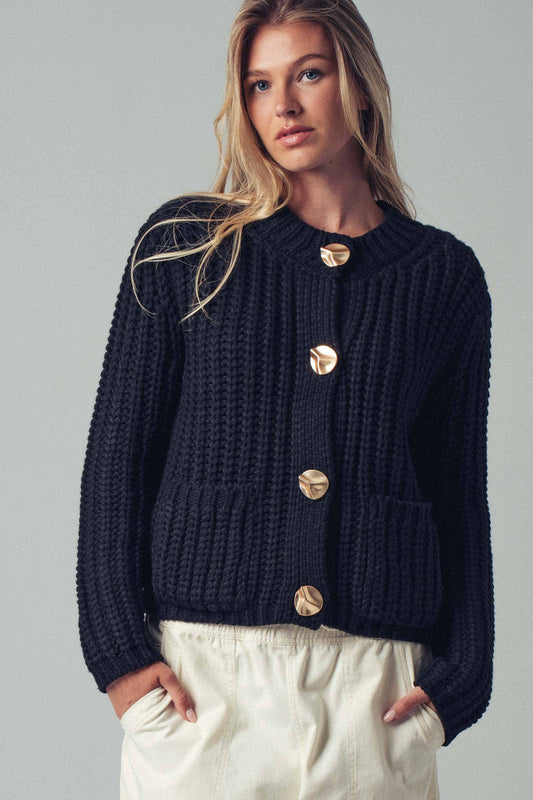 Black Chunky Gold Button Ribbed Knit Cardigan, Feathered Farmhouse
