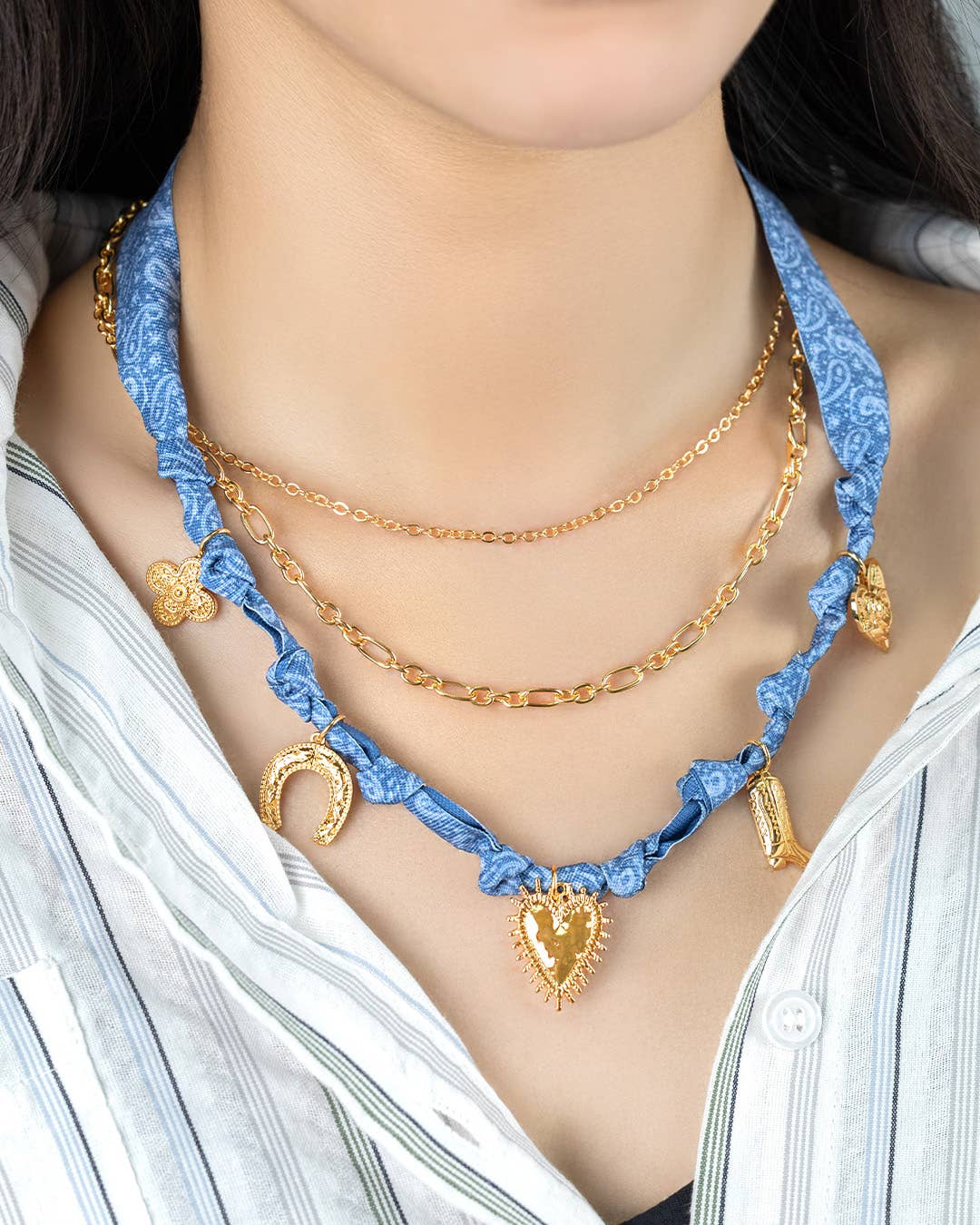 Layered Western Denim Bandana Scarf Necklace, Feathered Farmhouse