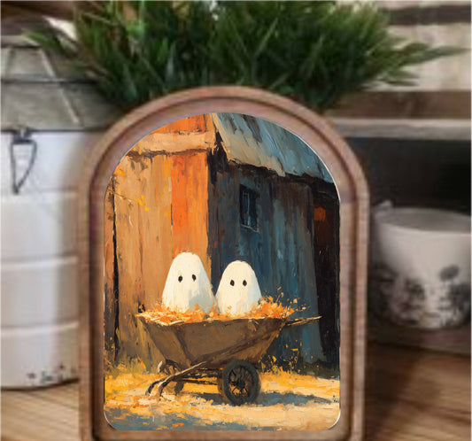 Wheelbarrow Ghosts Framed Arch Top, Feathered Farmhouse