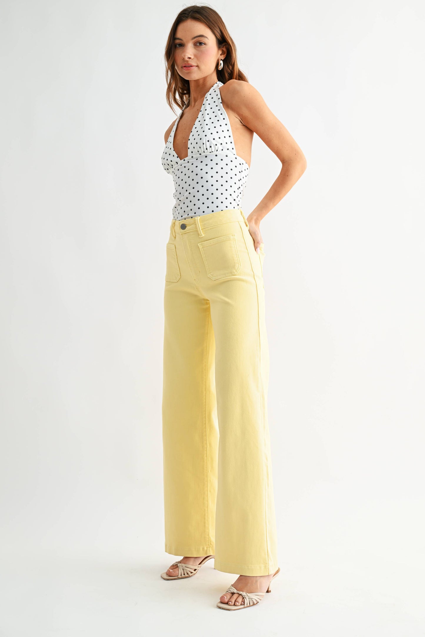 Sunshine Mini Patch Pocket Wide Let Pants, Feathered Farmhouse