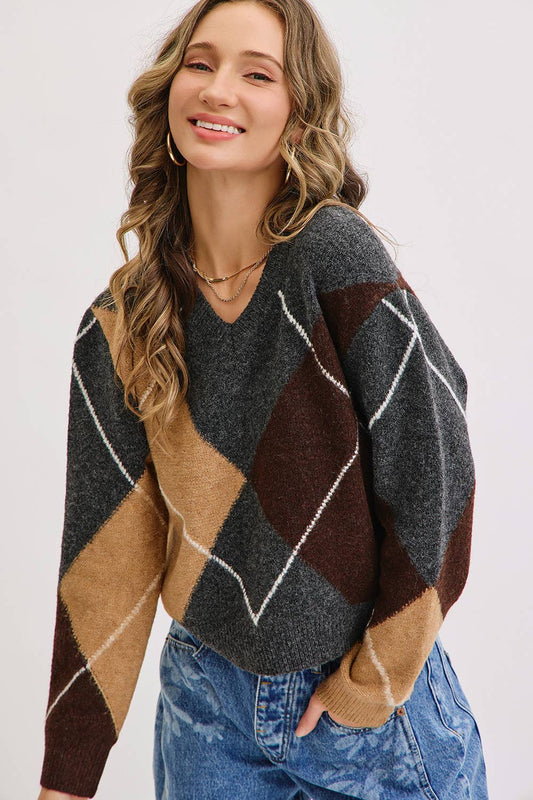 V-Neck Argyle Knit Sweater, Feathered Farmhouse
