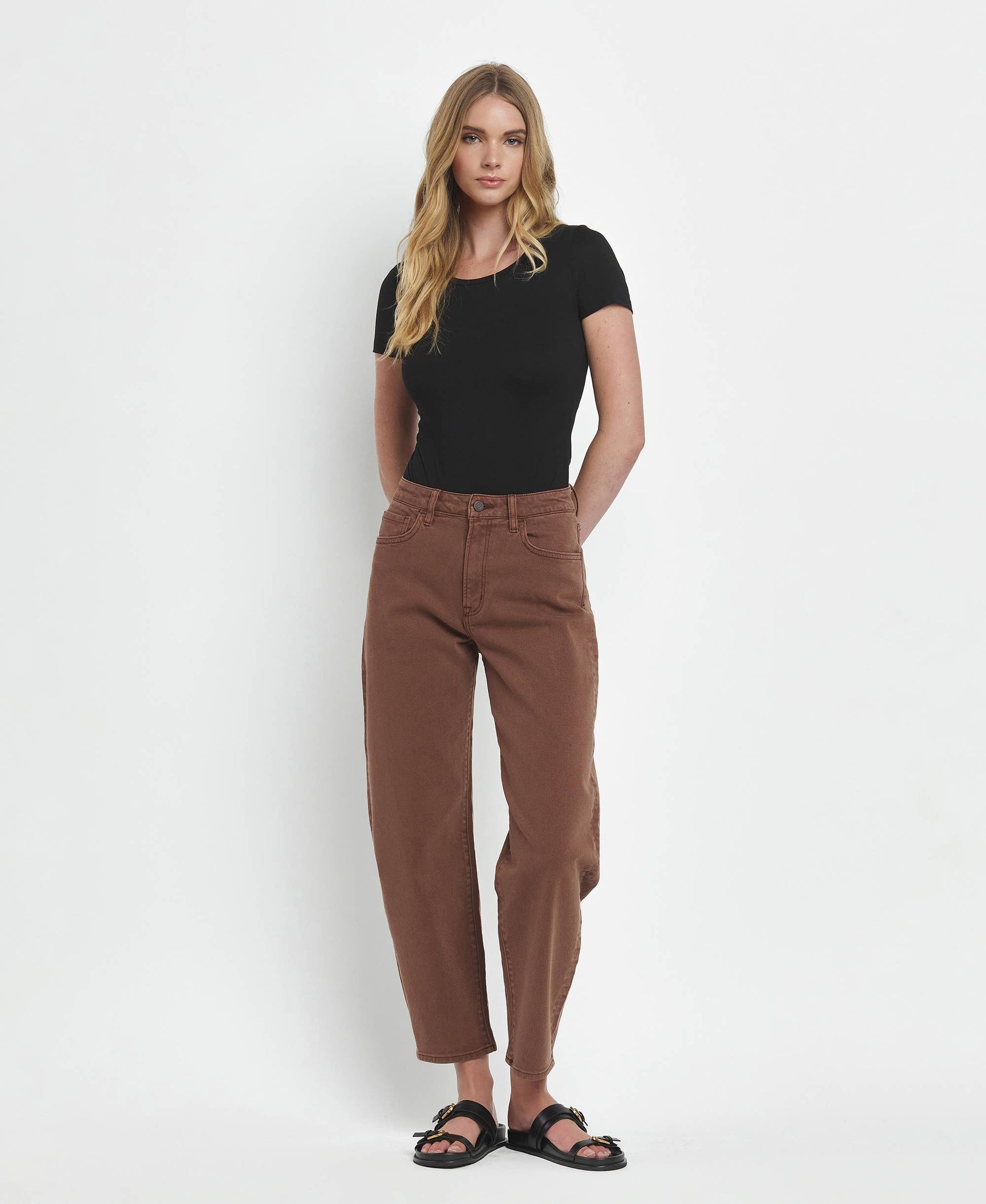 Super High Rise Brown Barrel Jeans, Feathered Farmhouse