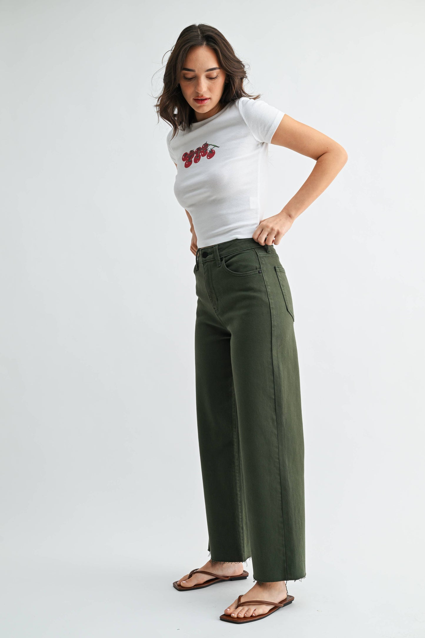 Dark Olive Scissor Cut Wide Leg Jeans, Feathered Farmhouse