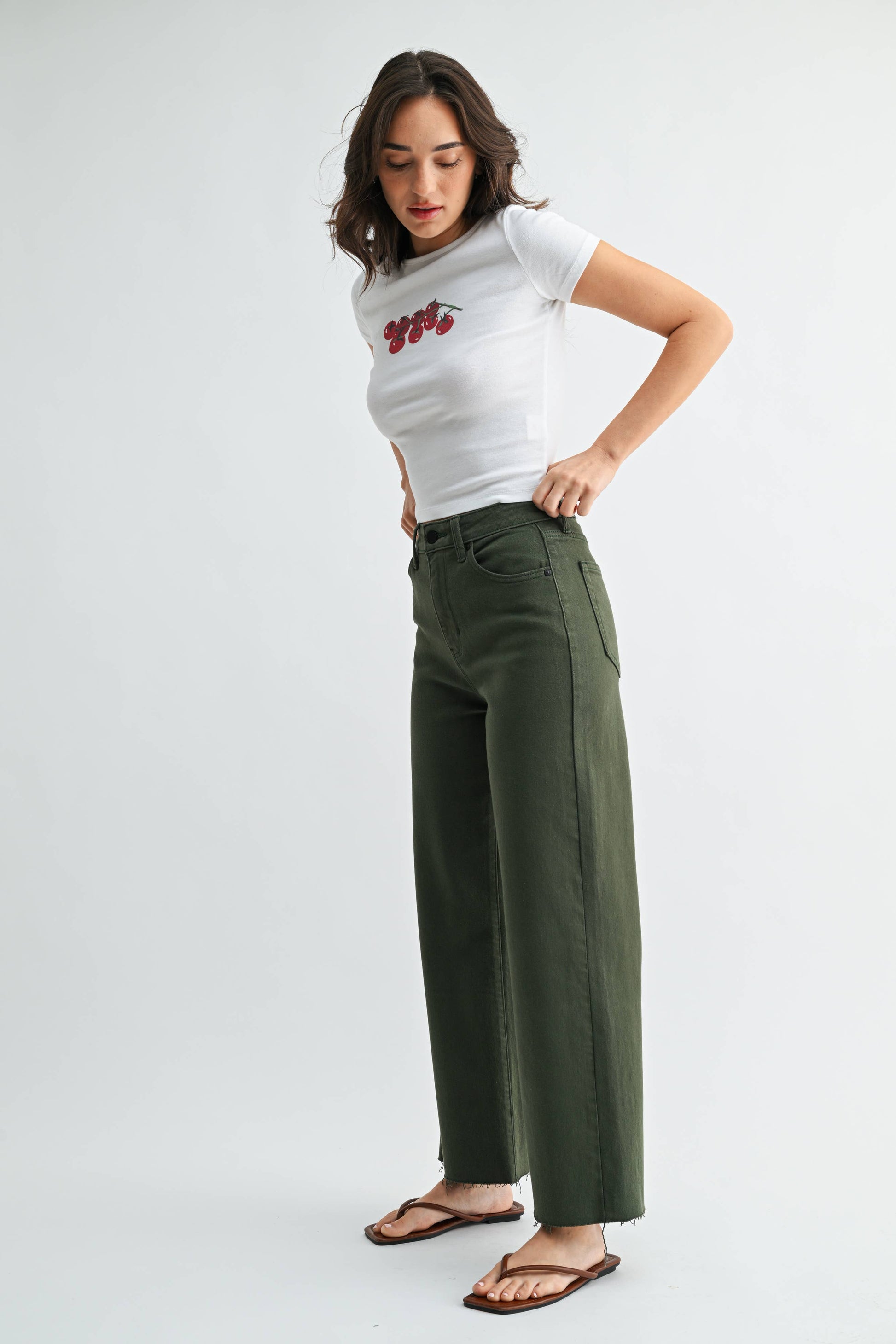 Dark Olive Scissor Cut Wide Leg Jeans, Feathered Farmhouse