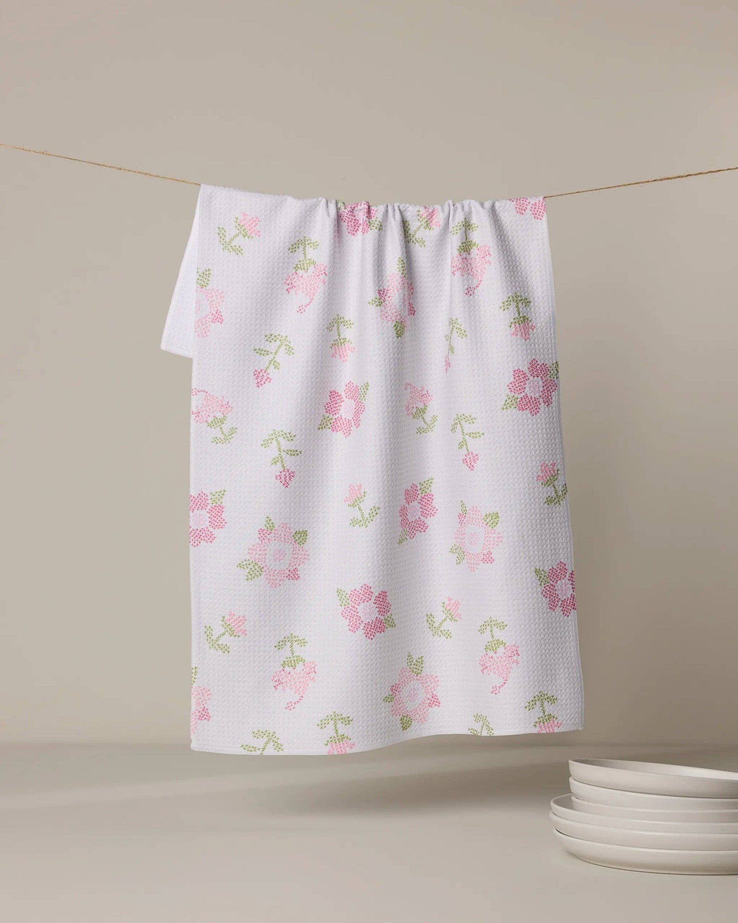 Cross Stitch Floral Tea Towel, Feathered Farmhouse